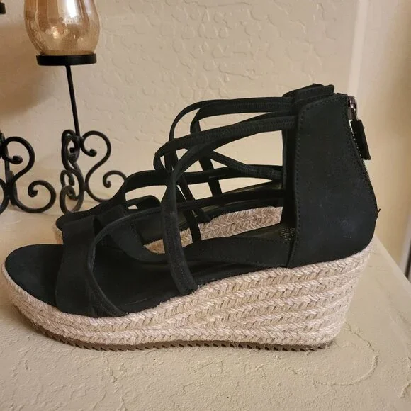 Eileen Fisher Sandals 8.5 Wedge Espadrilles Black Faux Suede Casual Comfort NWOB - Picture 7 of 10
